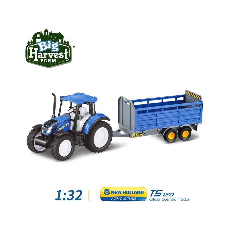 1:32 New Holland T5 Licensed Tractor with Livestock Trailer