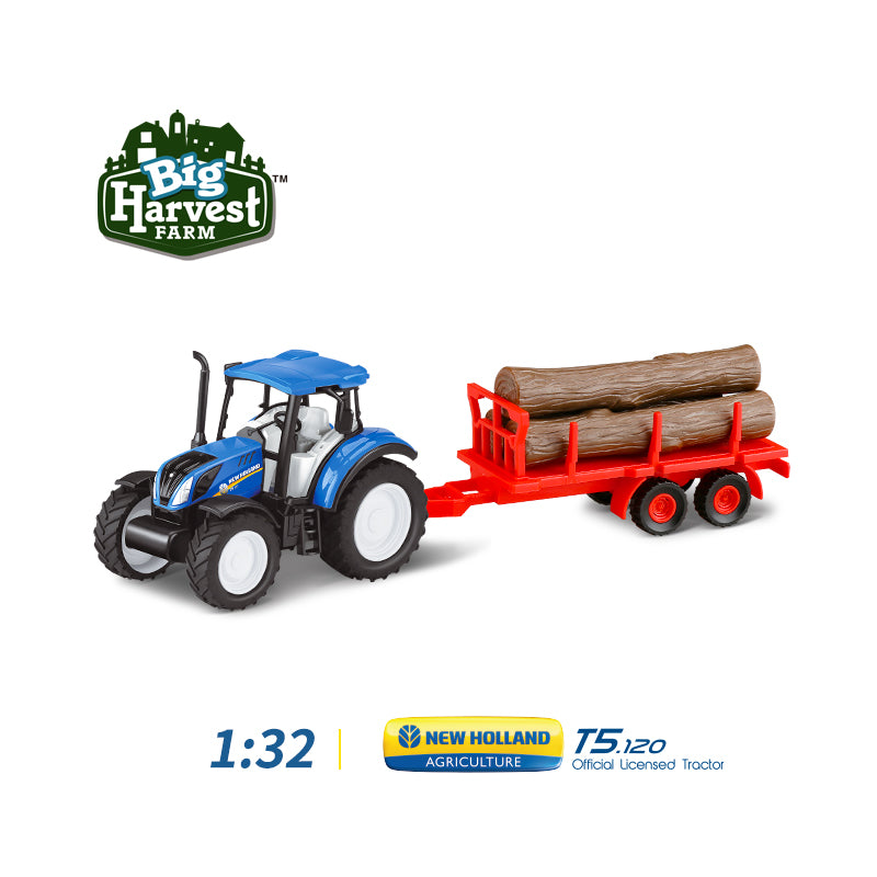 1:32 New Holland T5 Licensed Tractor with Forestry Trailer